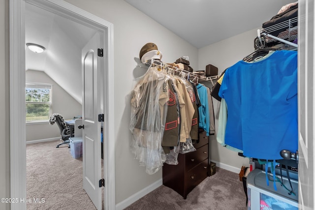 spacious closet with carpet flooring and lofted ceiling