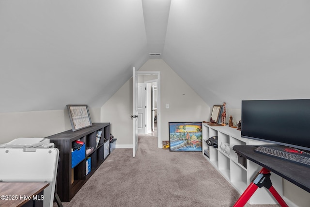 game room with carpet and lofted ceiling