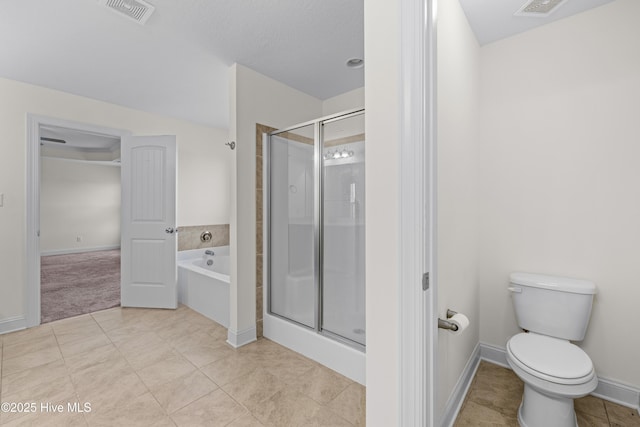 bathroom with a bath, visible vents, tile patterned flooring, a stall shower, and toilet