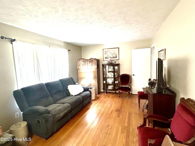 living area featuring a textured ceiling and light wood-type flooring