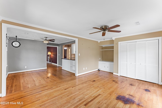 814 Latimer Dr, Wilmington, NC 28403 - unfurnished living room with a ceiling fan, light wood-type flooring, baseboards, and ornamental molding