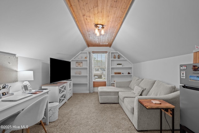 living room featuring light colored carpet, wood ceiling, lofted ceiling, and built in features