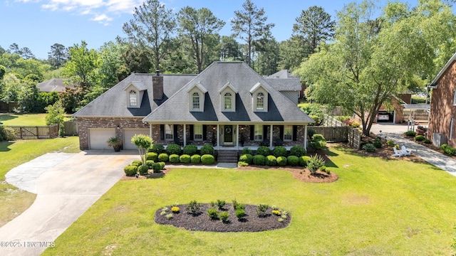 new england style home with fence, covered porch, a front yard, brick siding, and driveway