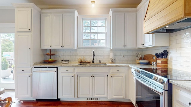kitchen with a sink, white cabinetry, appliances with stainless steel finishes, and premium range hood