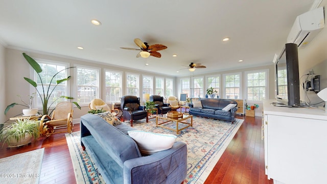 living room featuring ceiling fan, crown molding, a wall mounted AC, dark wood finished floors, and recessed lighting