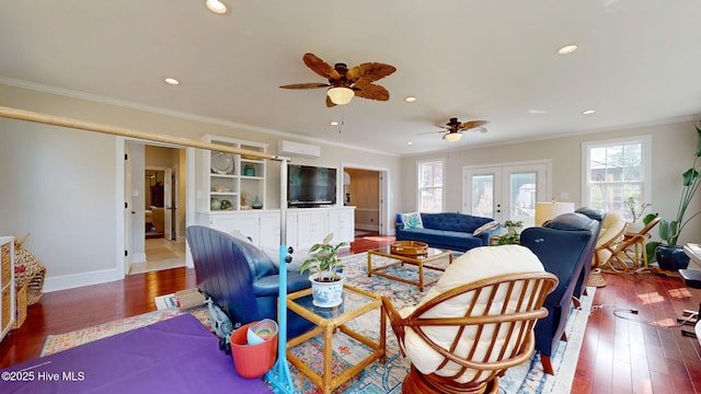 living area with baseboards, wood-type flooring, french doors, and recessed lighting