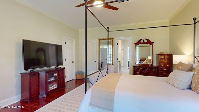 bedroom featuring crown molding, baseboards, ceiling fan, and dark wood finished floors