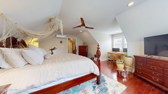 bedroom featuring recessed lighting, ceiling fan, dark wood finished floors, and lofted ceiling