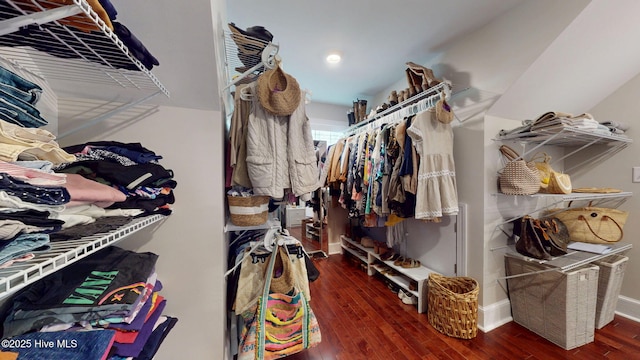 walk in closet with wood finished floors