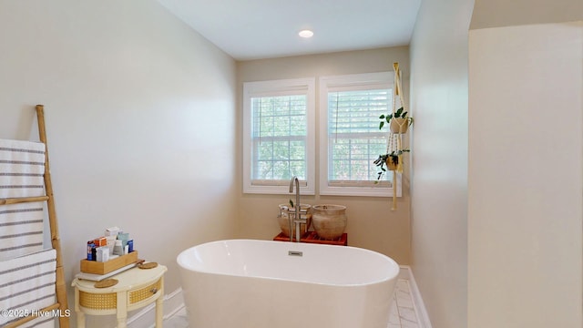 full bathroom featuring baseboards and a freestanding tub