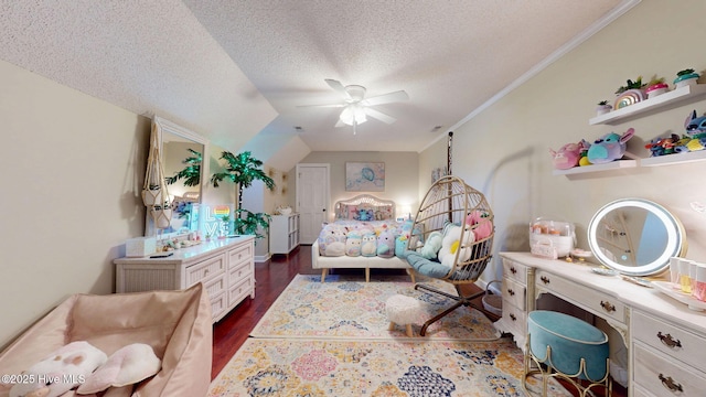 bedroom featuring crown molding, a ceiling fan, a textured ceiling, and dark wood-type flooring