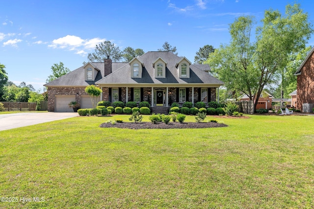 cape cod house with fence, brick siding, a garage, a front yard, and driveway
