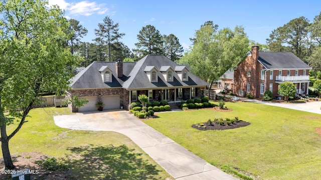cape cod-style house with a garage, covered porch, a front yard, brick siding, and driveway