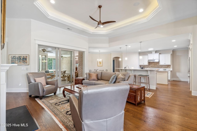 living area featuring crown molding, a ceiling fan, and a raised ceiling