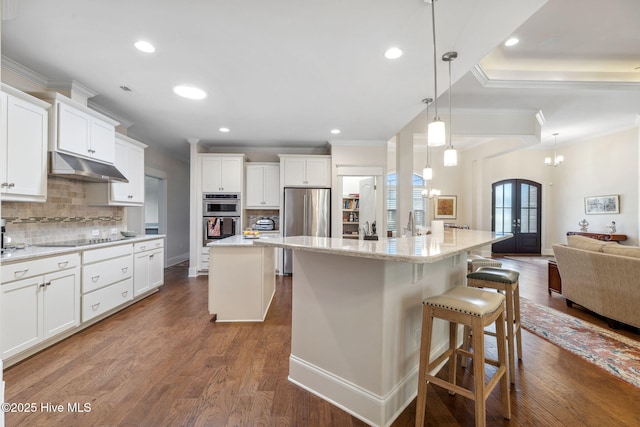 kitchen with tasteful backsplash, a spacious island, under cabinet range hood, white cabinets, and appliances with stainless steel finishes