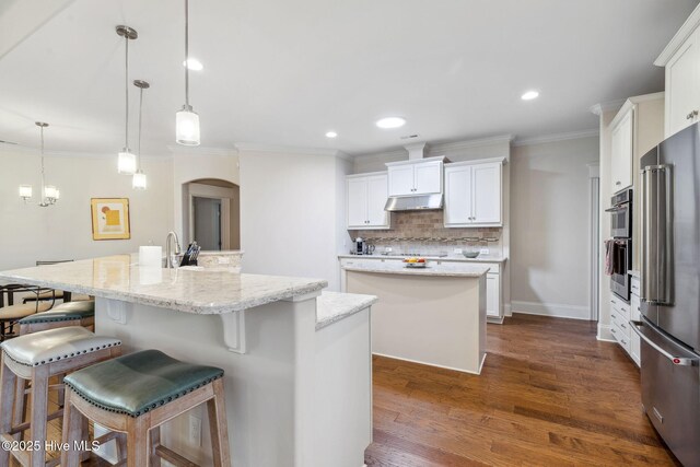 kitchen featuring under cabinet range hood, tasteful backsplash, a kitchen island with sink, and appliances with stainless steel finishes