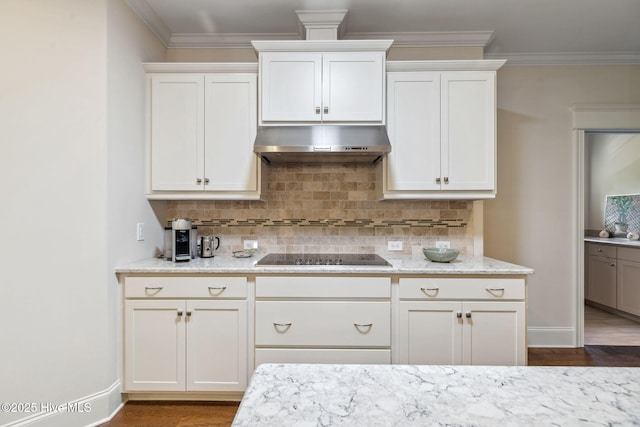 kitchen with backsplash, black electric stovetop, under cabinet range hood, and wood finished floors