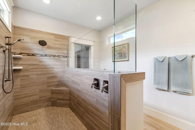 full bathroom with walk in shower and recessed lighting