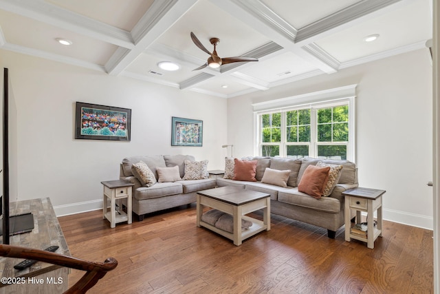 living room with coffered ceiling, baseboards, visible vents, ceiling fan, and beam ceiling