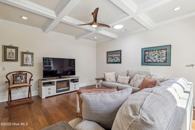 living area featuring coffered ceiling, beamed ceiling, and wood finished floors