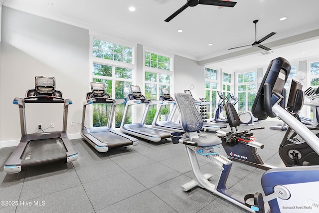 workout area with baseboards, a ceiling fan, ornamental molding, and recessed lighting