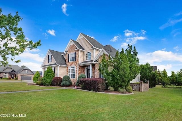 craftsman-style home featuring a garage, a front lawn, and stone siding