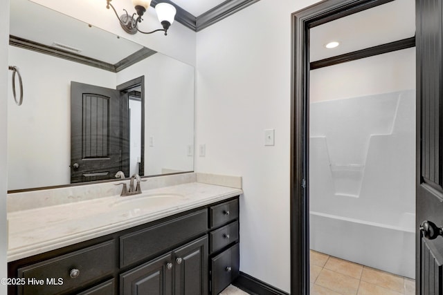 full bathroom featuring vanity, ornamental molding, visible vents, tub / shower combination, and tile patterned floors