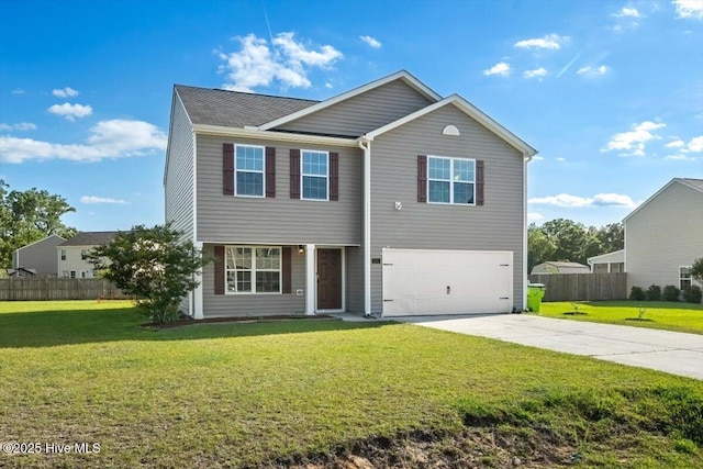 traditional home featuring fence, a front lawn, driveway, and a garage