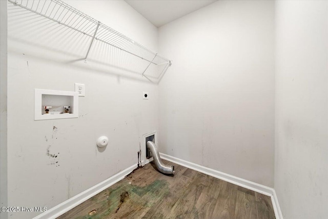 washroom featuring washer hookup, laundry area, electric dryer hookup, wood finished floors, and baseboards