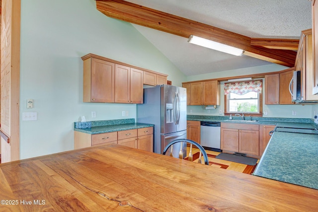 kitchen with stainless steel appliances, butcher block countertops, and a sink