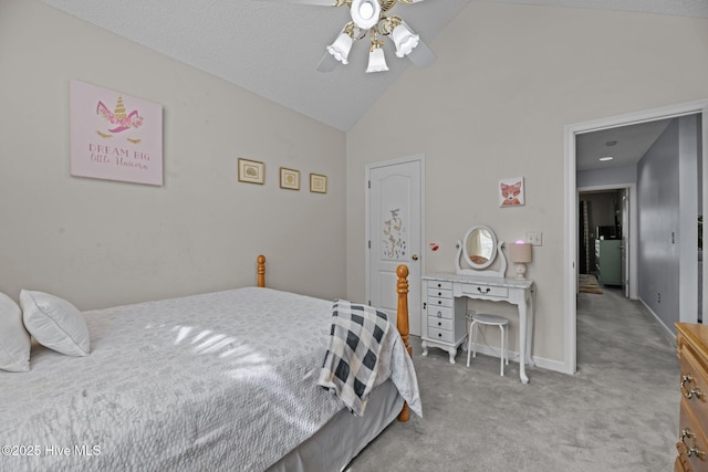carpeted bedroom featuring a ceiling fan and high vaulted ceiling