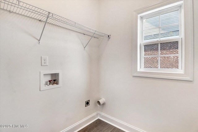 washroom with washer hookup, laundry area, dark wood finished floors, baseboards, and hookup for an electric dryer