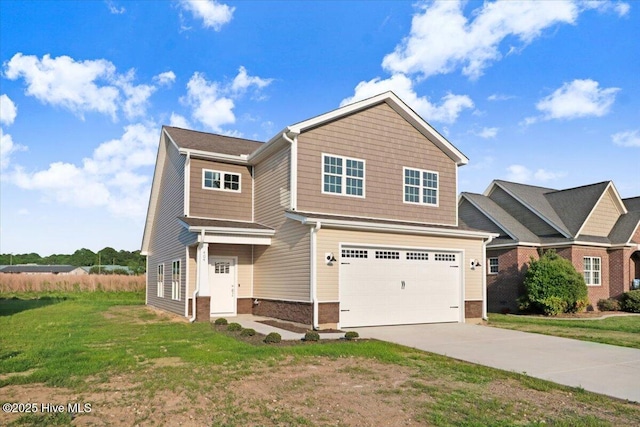 craftsman house with a garage, driveway, and a front lawn