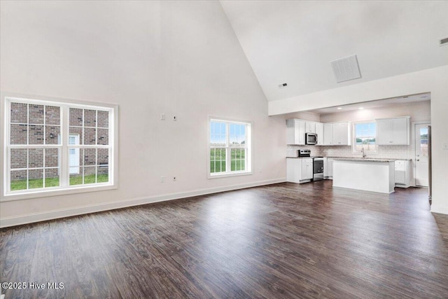 unfurnished living room featuring visible vents, dark wood-style flooring, baseboards, high vaulted ceiling, and a sink