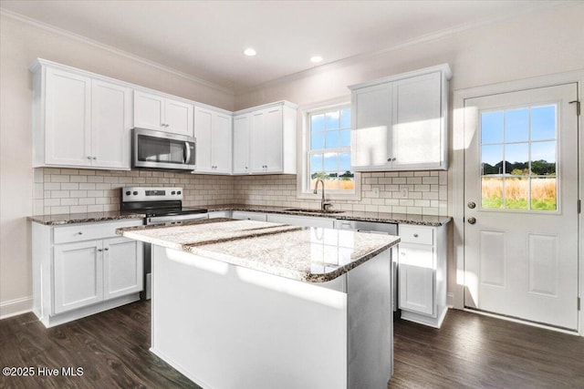 kitchen featuring a sink, ornamental molding, and stainless steel appliances