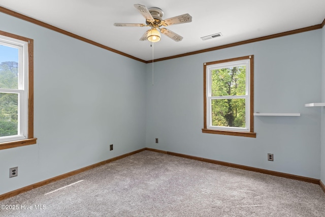 carpeted empty room featuring visible vents, crown molding, baseboards, and ceiling fan