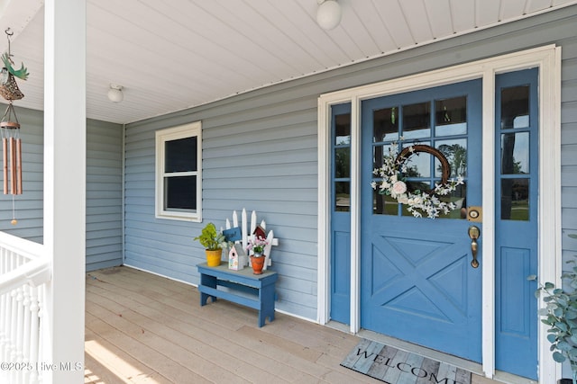 view of exterior entry featuring a porch