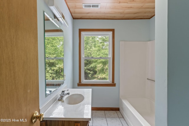 bathroom featuring wood ceiling, visible vents, tile patterned flooring, baseboards, and vanity