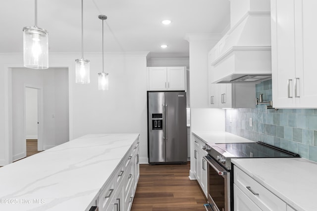kitchen featuring crown molding, high quality appliances, white cabinets, custom range hood, and dark wood finished floors