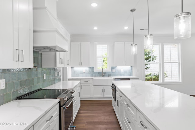 kitchen featuring white cabinets, light stone counters, a sink, dark wood finished floors, and electric stove