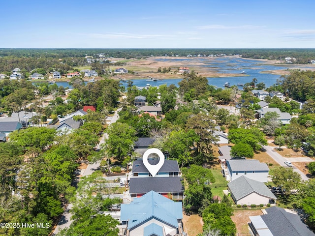 birds eye view of property featuring a residential view and a water view