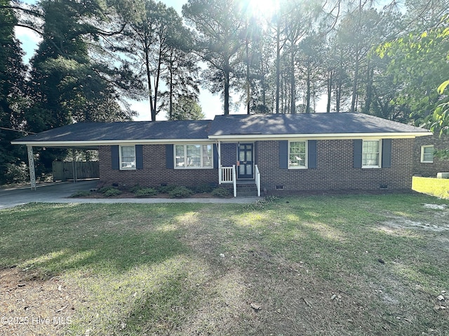 single story home featuring brick siding, a front lawn, and crawl space
