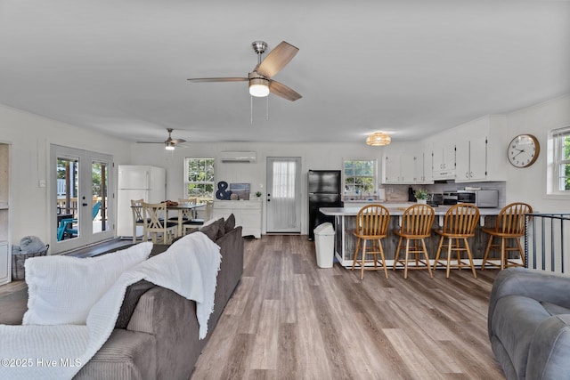living area featuring an AC wall unit, ceiling fan, and wood finished floors
