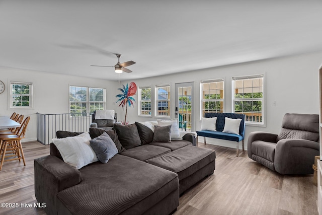 living room with a ceiling fan and wood finished floors