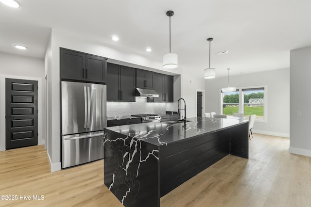 149 Pelican Pointe Dr, Elizabeth City, NC 27909 - kitchen featuring a sink, light wood-style floors, dark cabinetry, stainless steel appliances, and decorative backsplash