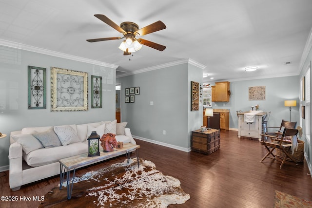 living room with crown molding, a ceiling fan, baseboards, and dark wood-style flooring