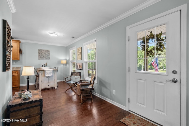foyer entrance with baseboards, plenty of natural light, ornamental molding, and dark wood finished floors