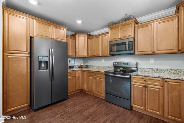 kitchen featuring ornamental molding, dark wood-style floors, recessed lighting, light stone counters, and appliances with stainless steel finishes