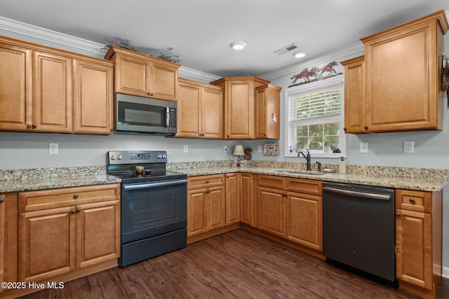 kitchen with visible vents, black electric range oven, dishwashing machine, stainless steel microwave, and a sink