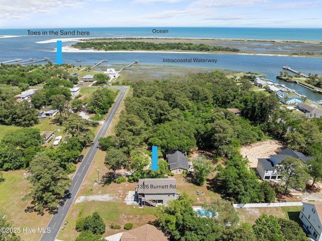 aerial view featuring a water view